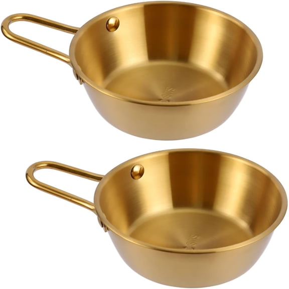 2-Pack Makgeolli Bowls, 304 Stainless Steel Korean Traditional Bowls Rice Wine Bowl with Handle, Hiking Soup Dish, Food Bowl Camp Cup, 4.7 Inch, 10 Ounces (Gold)