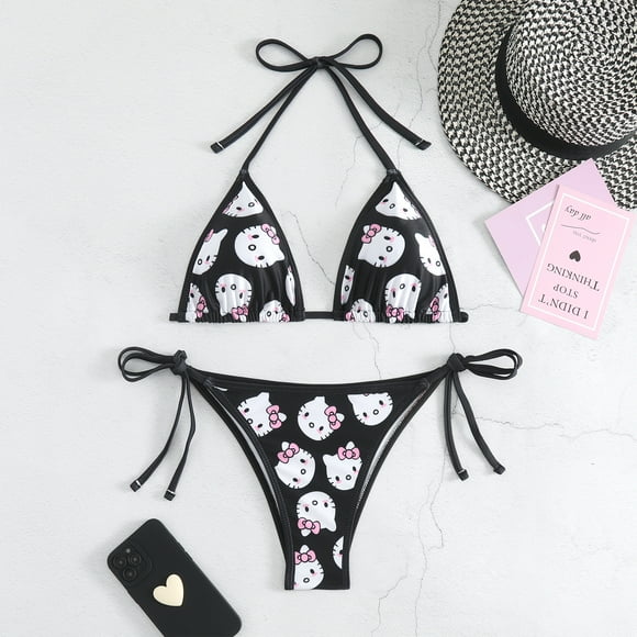 2 Piece Sanrio HelloKitty Bikini Set Summer Beach Cute Cartoon My Melody Soft Side Tie Panties Sexy Bikini Swimsuit Girls Gifts o