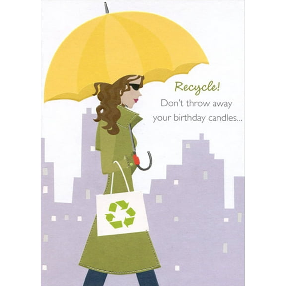 Designer Greetings Recycle : Woman with Yellow Umbrella Funny : Humorous Feminine Birthday Card for Her : Woman : Women