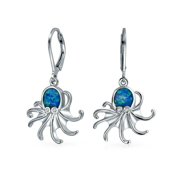 Bling Jewelry Womens Nautical Blue Opal Octopus Dangle Gemstone Earrings in Sterling Silver