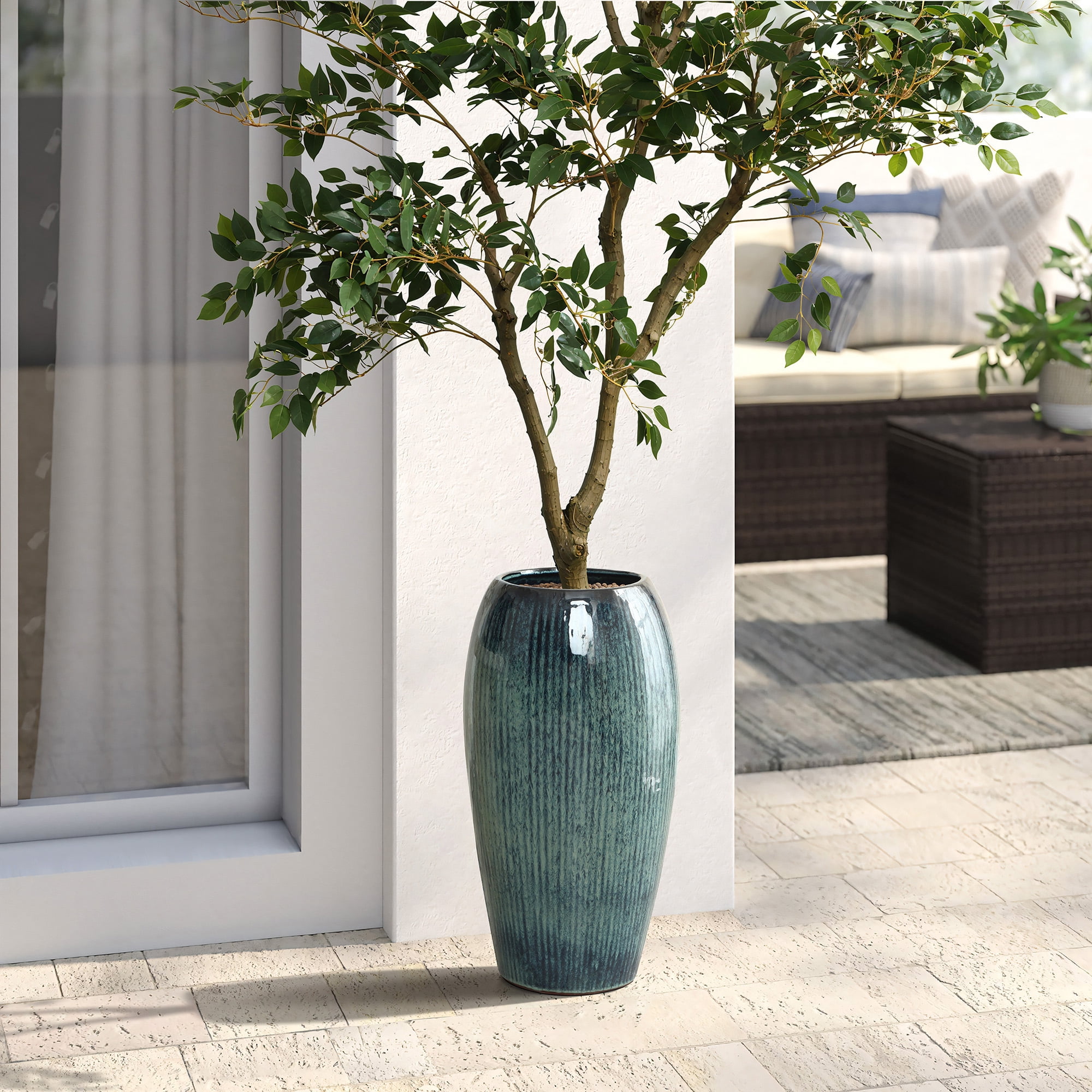 LuxenHome 23" Tall Ceramic Planter, Large Plant Pots with Drainage Hole, Blue