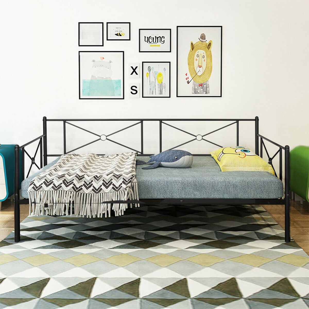 Metal Daybed Frame Twin Size Multifunctional Platform Bed Stable Steel Slats