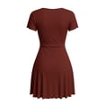 thumbnail image 5 of Oksale Cute Dresses for Women Soft Stretchy Tie Front Scoop Neck Mini Dress Slim Cozy Short Sleeve Summer Dresses Casual Ladies Outfits Wine 2XL, 5 of 9