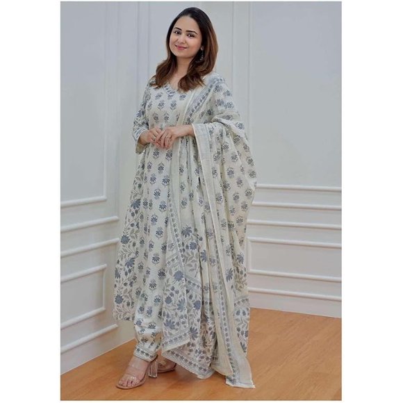 Aizza Trends Women's Cotton Febric Printed Straight Kurti With Afghani Pant and Dupatta Set