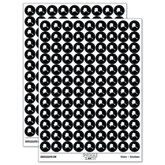 Alaska State Silhouette 200 Round Stickers - Black - Gloss Finish - 0.50" Size