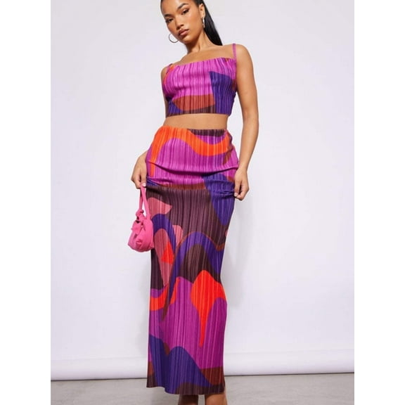 Purple Printed Pleated Sleeveless Crop Top & Wrap Hip Long Skirt, Outfit Sets 2 Piece