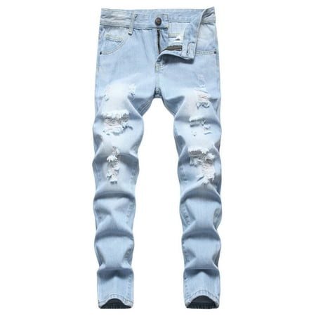 SUXIAN Boys Pants Jeans Elastic Waist Casual Trousers With Pocket Baggy Vintage Outdoor Hip Hop Streetwear Everyday #10_Light Blue 16