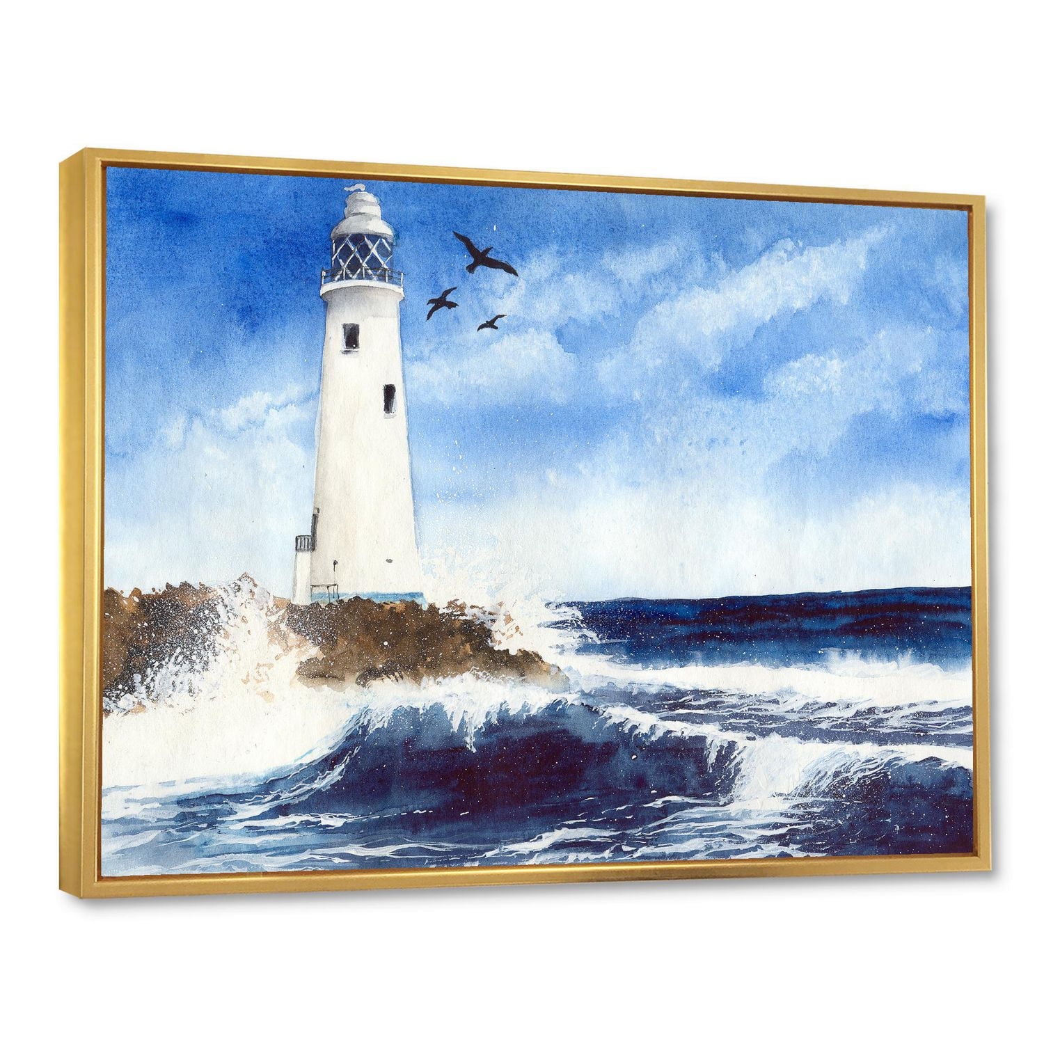 Designart Lighthouse On The Rocky Island With Seagulls FLOAT FRAME WALL ART