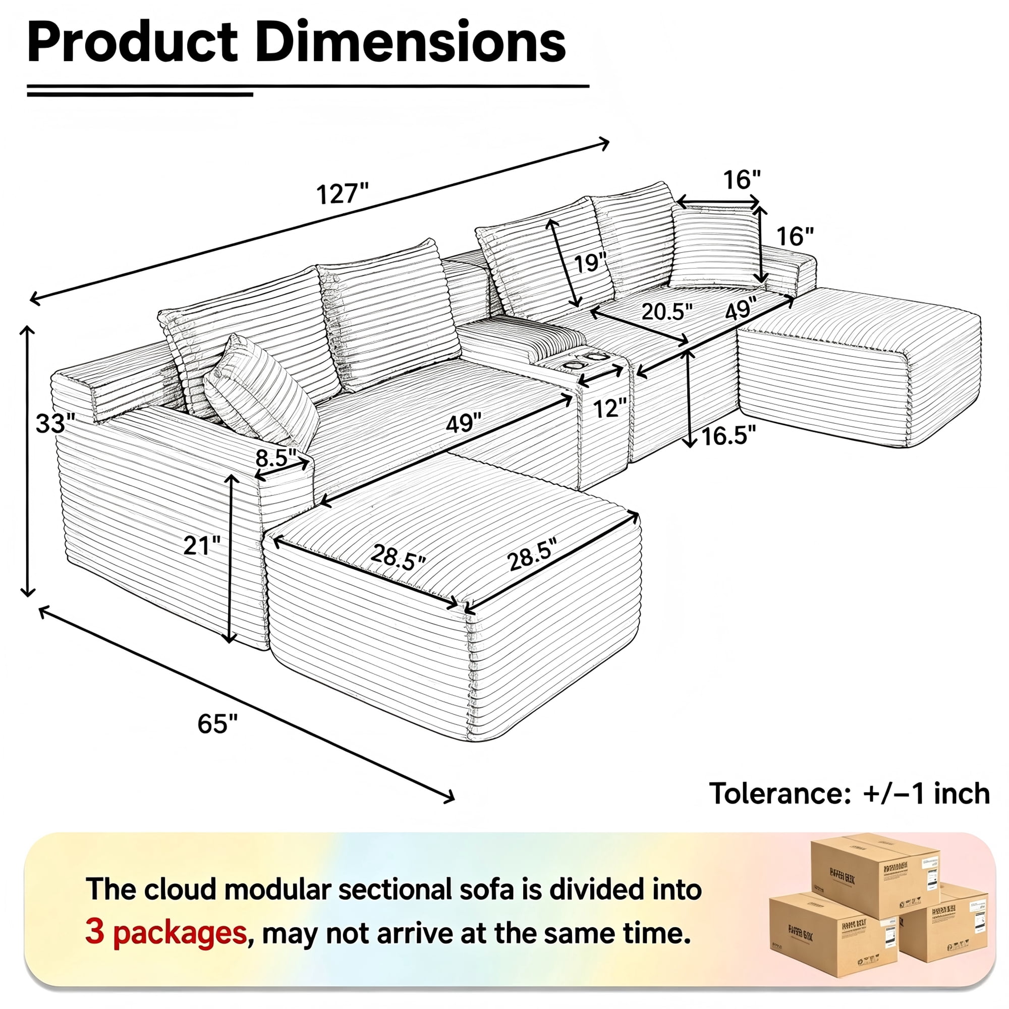 Aukfa 127" U-Shaped Cloud Sectional Sofa Oversized Modular Boneless Couch with USB & Cup Holder Storage Console for Living Room, Corduroy, Black