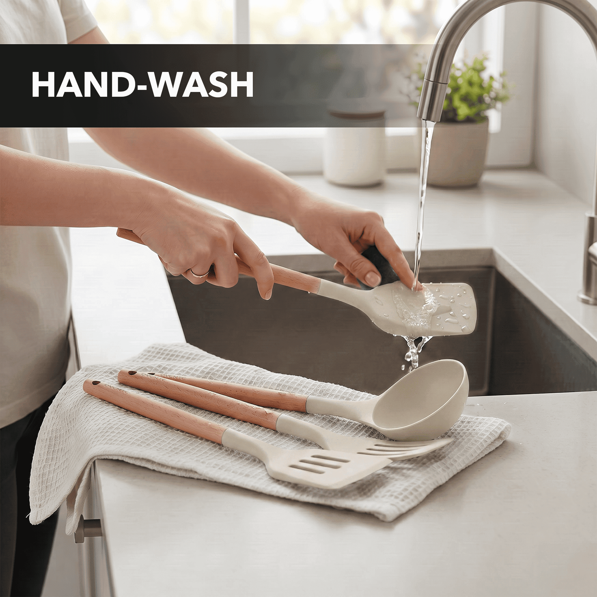 OVENTE Silicone Cooking Utensils Set, 17pcs, Heat Resistant, Cream SPS17CR | Kitchen Tools & Gadgets for Nonstick Cookware, BPA-Free Spatula Set with Wooden Handle, Cup Holder, Oven Gloves & Hot Pads