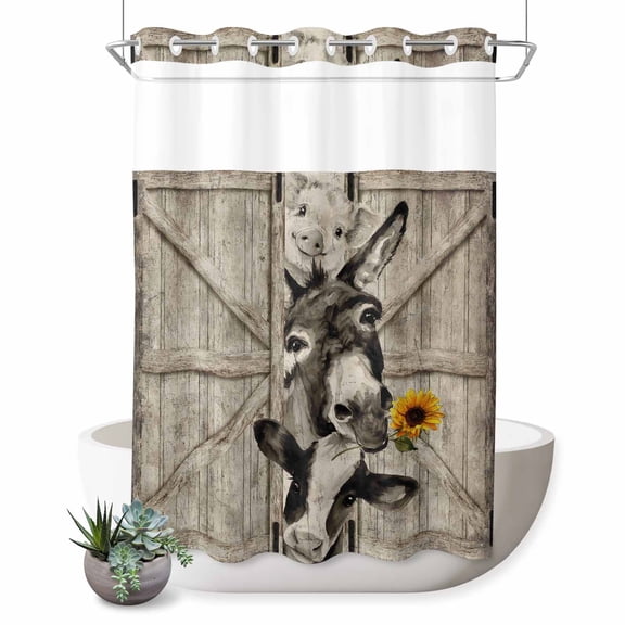 No Hook Shower Curtain, Funny Farm Animals Shower Curtains for Bathroom with See Through Top Window, Vintage Barn Brown Sunflowers Waterproof & Washable Bath Curtain 60"x72"