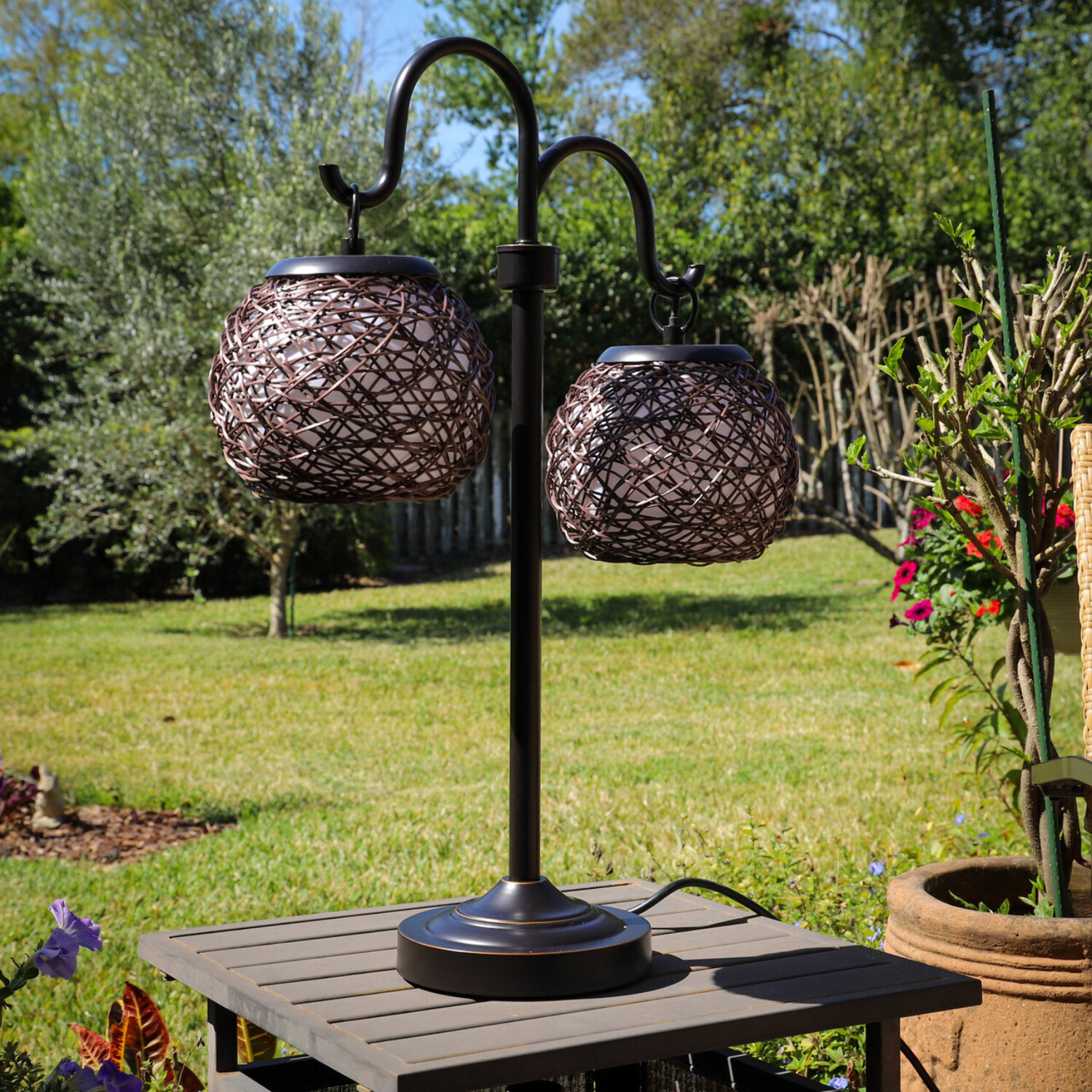 Kenroy Home Mediterranean-Inspired Outdoor Table Lamp, 29 Inch Height, Oil Rubbed Bronze Finish, Cream Acrylic Inner Shade with Rattan Entwined Outer Shades, 4 Way Adjustable Lighting, Pole Switch - image 3 of 8