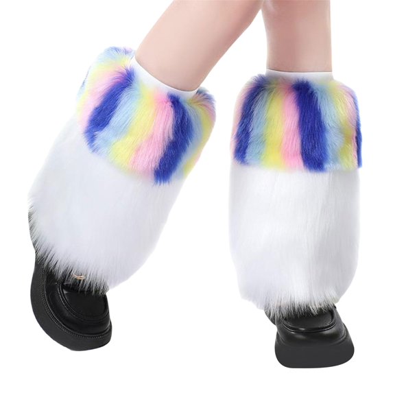 Gureui Women's Faux Fur Leg Warmers, Fuzzy Striped Contrast Color Fall Winter Warm Vibrant Boot Cuffs Covers Party Costume/Stage Shows