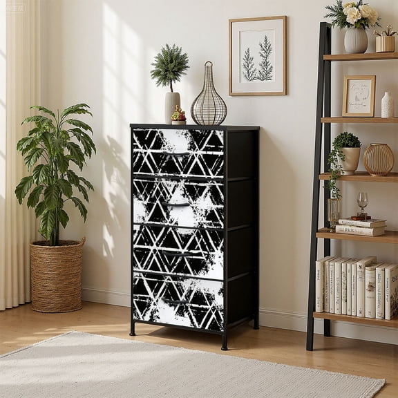 4 Drawer Vertical Storage Dresser Abstract geometric hand drawn Modern grunge texture with Wood Top Fabric Pull Drawers