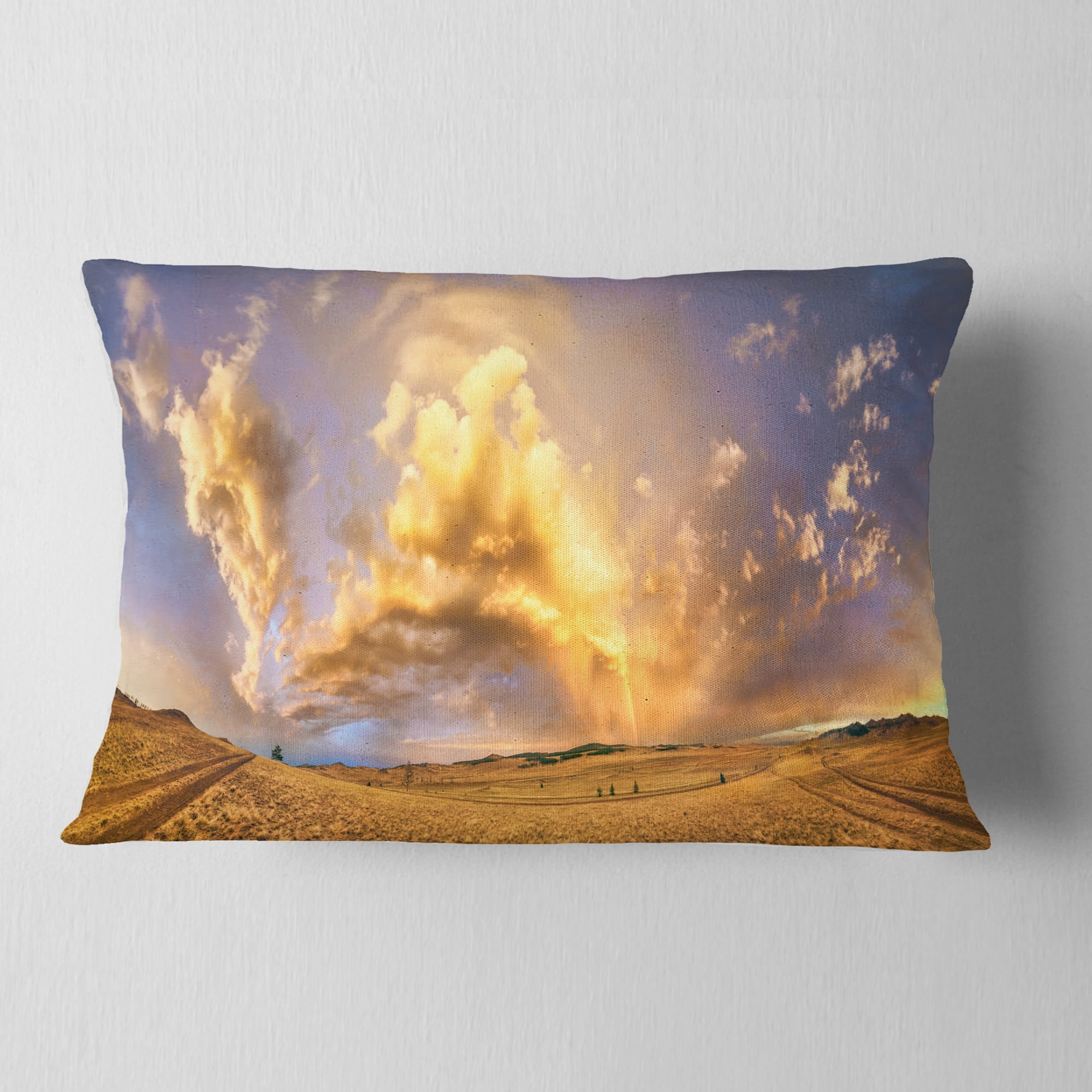 Designart Rainbow at Sunset After Storm - Landscape Photography Throw Pillow - 12x20