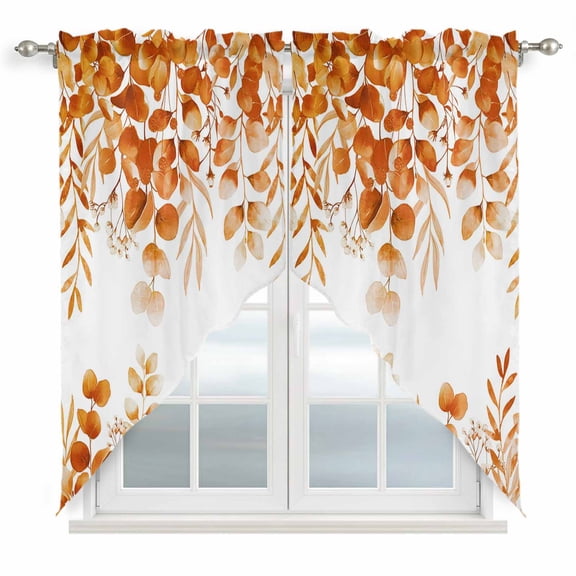 Swag Valance Curtains for Windows, Orange Eucalyptus Leaves Light Filtering Kitchen Curtains with Rod Pocket, Spring Summer Botanical Window Treatment Valances for Living Room, 36x45 - 2 PCS