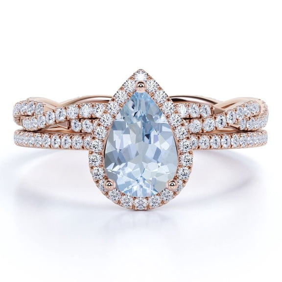 JeenMata Art Deco 1.25 carat Pear Shaped Created Aquamarine Infinity Wedding Set in 18k Rose Gold over Silver