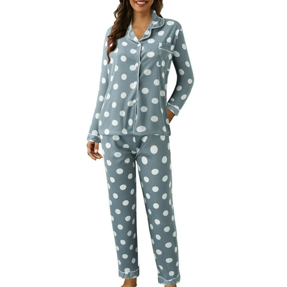 Alitao Womens Pajama Sets Lounge Sets Women Casual Lapel Button Feather Polka Dot Strawberry Print Two Piece Long Sleeve Pajamas Pajamas Suit Matching Pajamas Women'S Sleepwear Blue 2XL