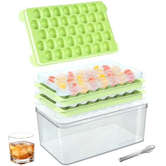 Ice Cube Trays, 3 Packs Round Ice Cube Trays for Freezer, Easy-Release Ice Ball Maker Mold with Removable Lid and Bin Making 1in X 111Pcs Ice Balls for Tea Coffee Cocktail Whiskey (Green)
