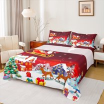 Manfei Santa Claus Bed Sheets for Teen, Vintage Western Fairy Tale King Sheets, Merry Christmas Sheet Set, Super Cozy Room Decor, 4-Piece