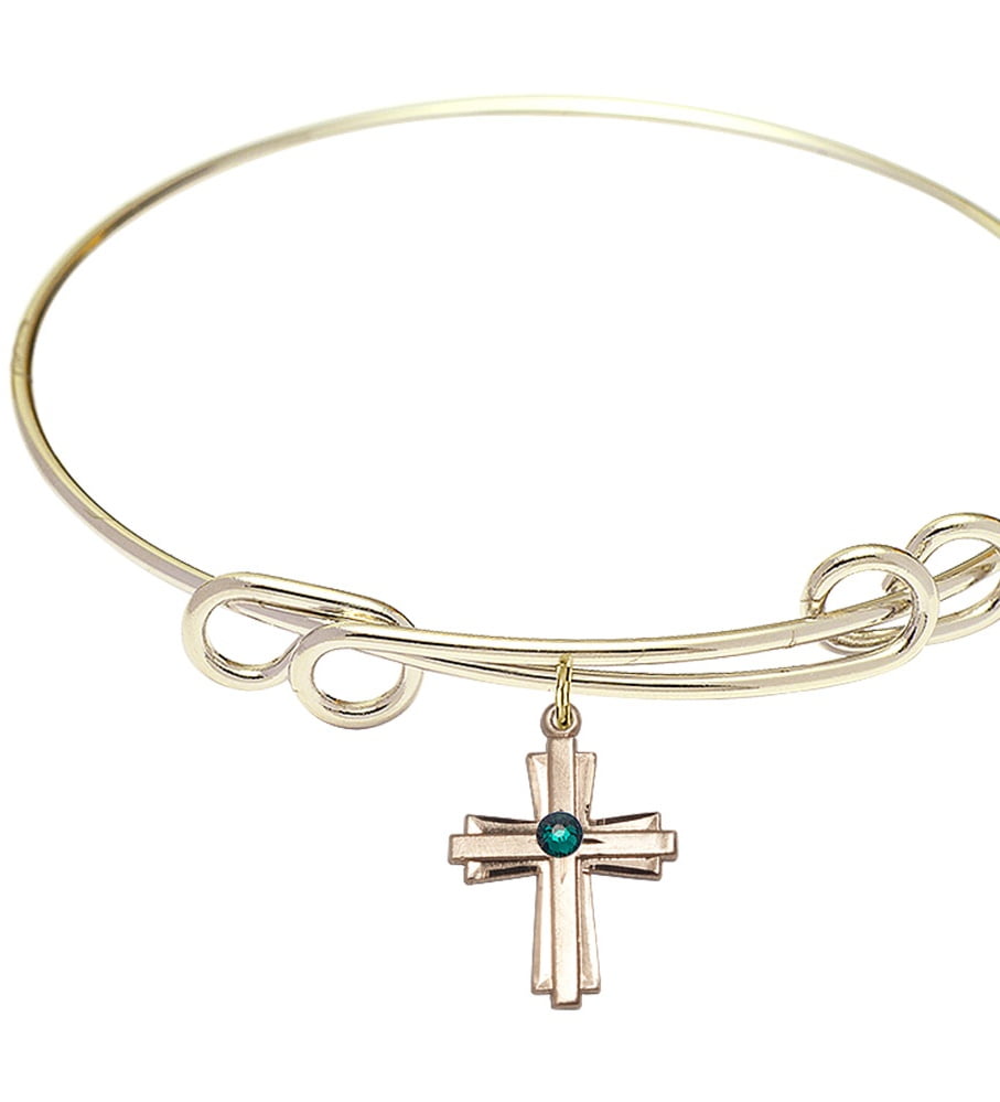 Cross Charm On A 8 1//2 Inch Round Double Loop Bangle Bracelet