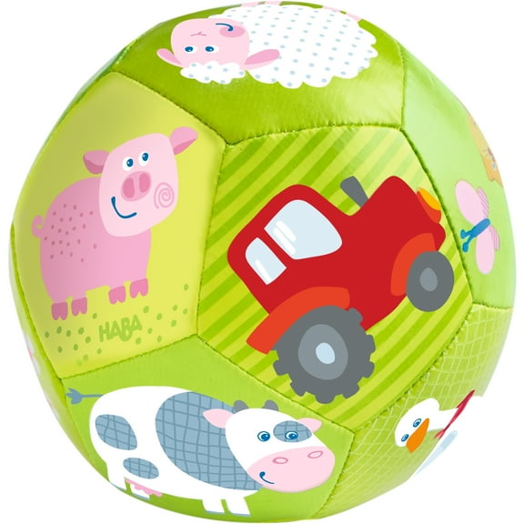 HABA Soft Baby Ball with Farm Animals for Tummy Time & Sensory Play - 4.5"