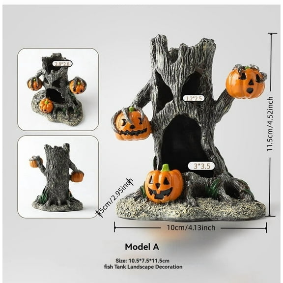 Model A Halloween Pumpkin Ghost Stump Fish Tank Decoration, Aquarium Ornament for Hiding and Climbing, Creative Landscape for Betta Fish, Turtle, Hermit Crab