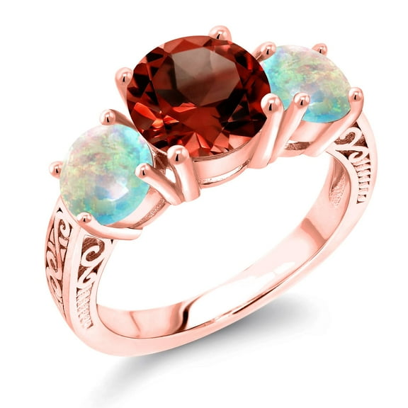 Gem Stone King 4.50 Ct Round Red Garnet White Simulated Opal 18K Rose Gold Plated Silver Ring (Size 7)