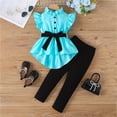 thumbnail image 2 of Pandaie 1-6T Toddler Girl Clothes Kids Bow Belt Formal Dress Suit Smocked Ruffle Sleeveless Shirt Leggings Pants Outfit Set Blue, 2 of 4