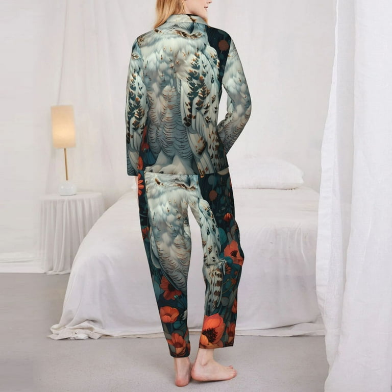 【MOODMOON】Bay Flower Long Sleeve Pajama Set Pajamas for Women Sets, Moon Flower White Owl Lounge Sets