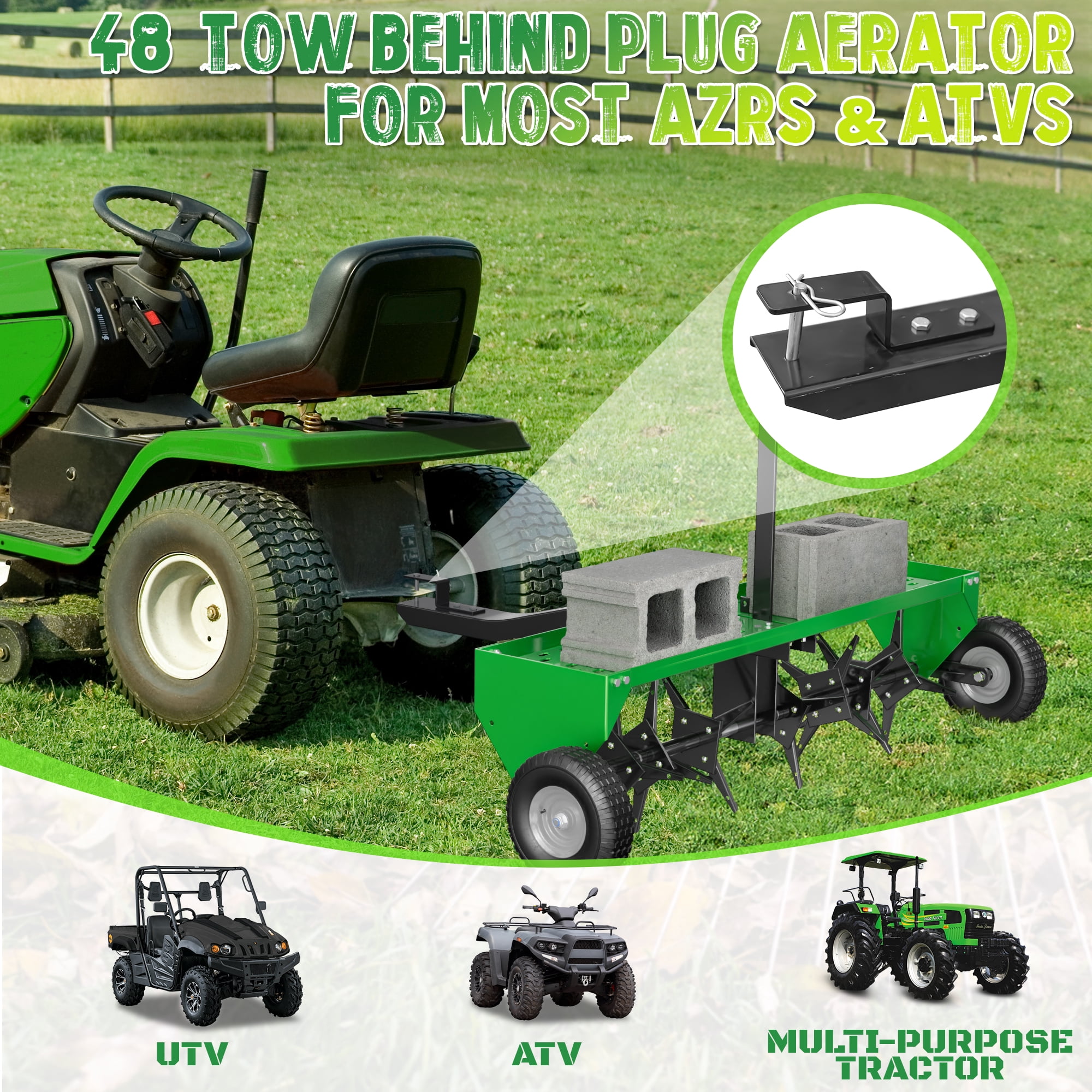 48" Tow Behind Lawn Plug Aerator with Universal Hich, Green Painted Galvanized Steel with Tray and Inflatable Wheels, Pull Behind Aerator for Garden, Farm and Lawn