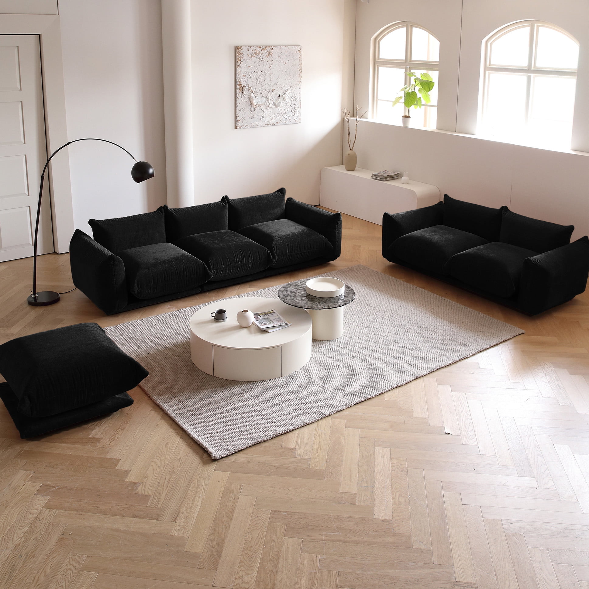 bokifol 3Pcs Sectional Sofa with Ottoman for Living Room,3 Seat Sectional Cloud Couch and Loveseat Sets,Living Room Furniture Set,Black