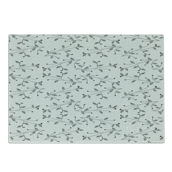 Leaf Cutting Board, Monochrome Minimalist Simple Leaf Pattern with Branch Eco Plants Modern Style, Decorative Tempered Glass Cutting and Serving Board, Small Size, Grey White, by Ambesonne