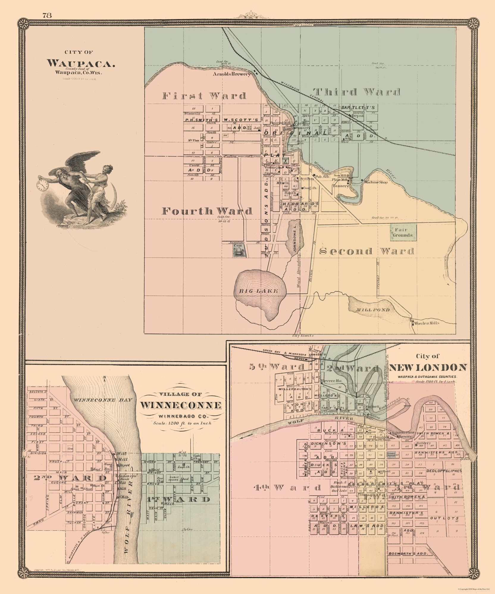 Historic City Map Waupaca, New London, Winneconne Wisconsin 23 x