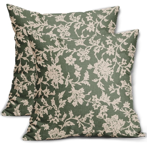 Sage Green Floral Pillow Covers 18x18 Set of 2 Brown Cream Vintage Flower Block Print Pattern Decorative Throw Pillowcases Outdoor Rustic Farmhouse Square Cushion Cases Decor for Home Couch Sofa Bed