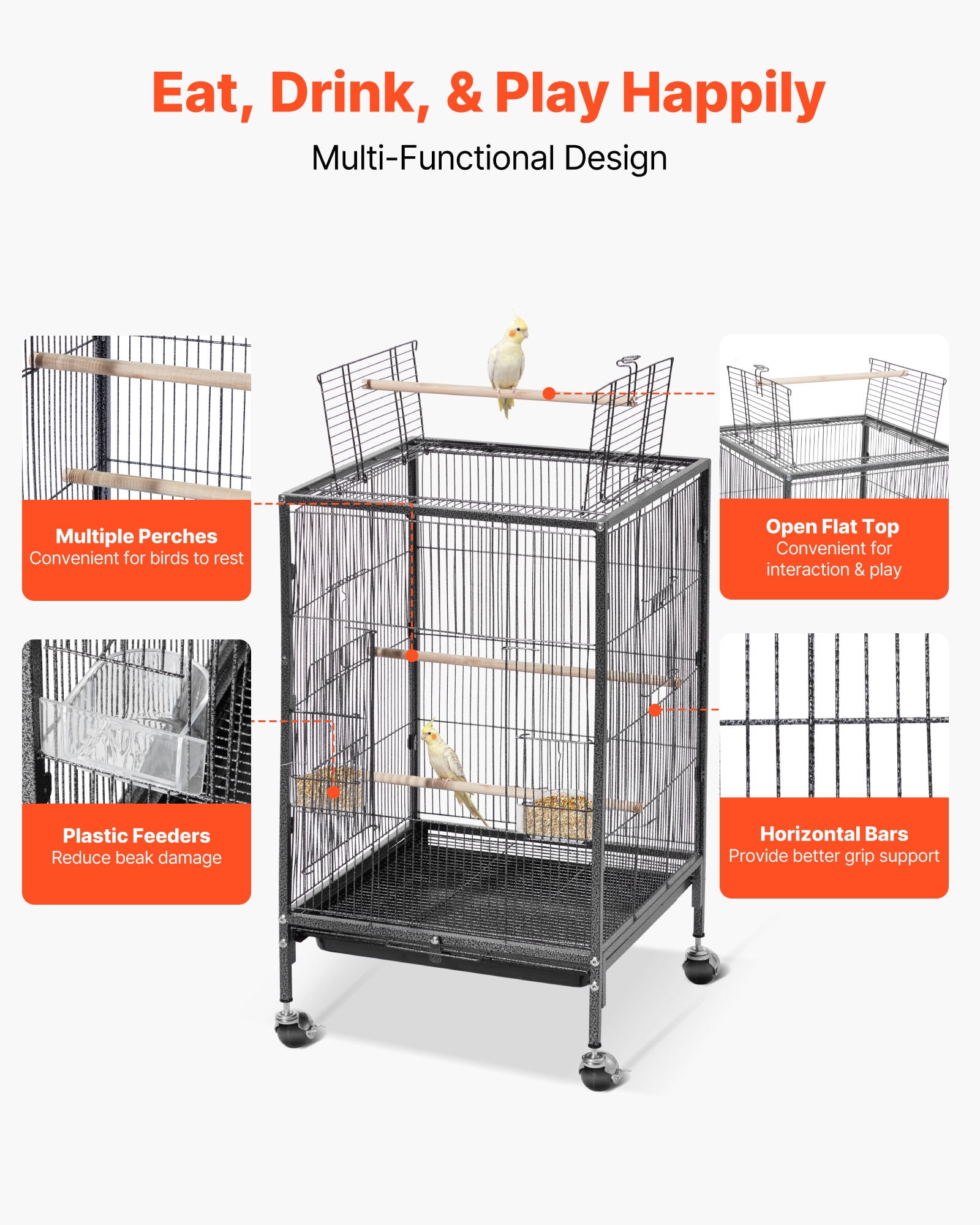 VEVOR Bird Cage, 18 x 18 x 30 inch, Open Flat Top, Wrought Iron Bird Flight Cage with Perches, Slide-Out Tray and Plastic Feeders, Casters, for Parrot, Blue Tit, Cockatiel, Canary, Budgerigar, Conure