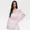 thumbnail image 6 of Guiexla Women Knitting T-shirt Round Neck Flared Long Sleeve Hollow Tee Shirt Solid Color Loose Fit See-through Thin Knitting Tops, 6 of 7