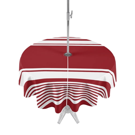 Outdoor Tablecloth with Umbrella Hole & Zipper, Farmhouse Red Striped Round Tablecloth 54 Inch, Modern Minimalist Stripes Patio Table Cover Waterproof Table Cloth for Picnic/Party