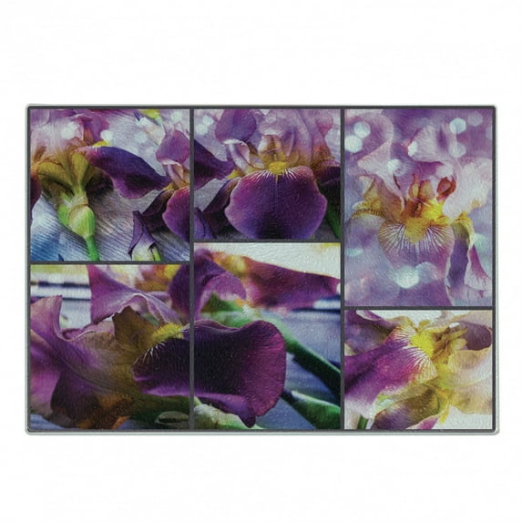 Rustic Cutting Board, Blooming Iris Flowers Orchids on Rustic Wood Natural Floral Beauty Romantic Image, Decorative Tempered Glass Cutting and Serving Board, Small Size, Yellow Purple, by Ambesonne