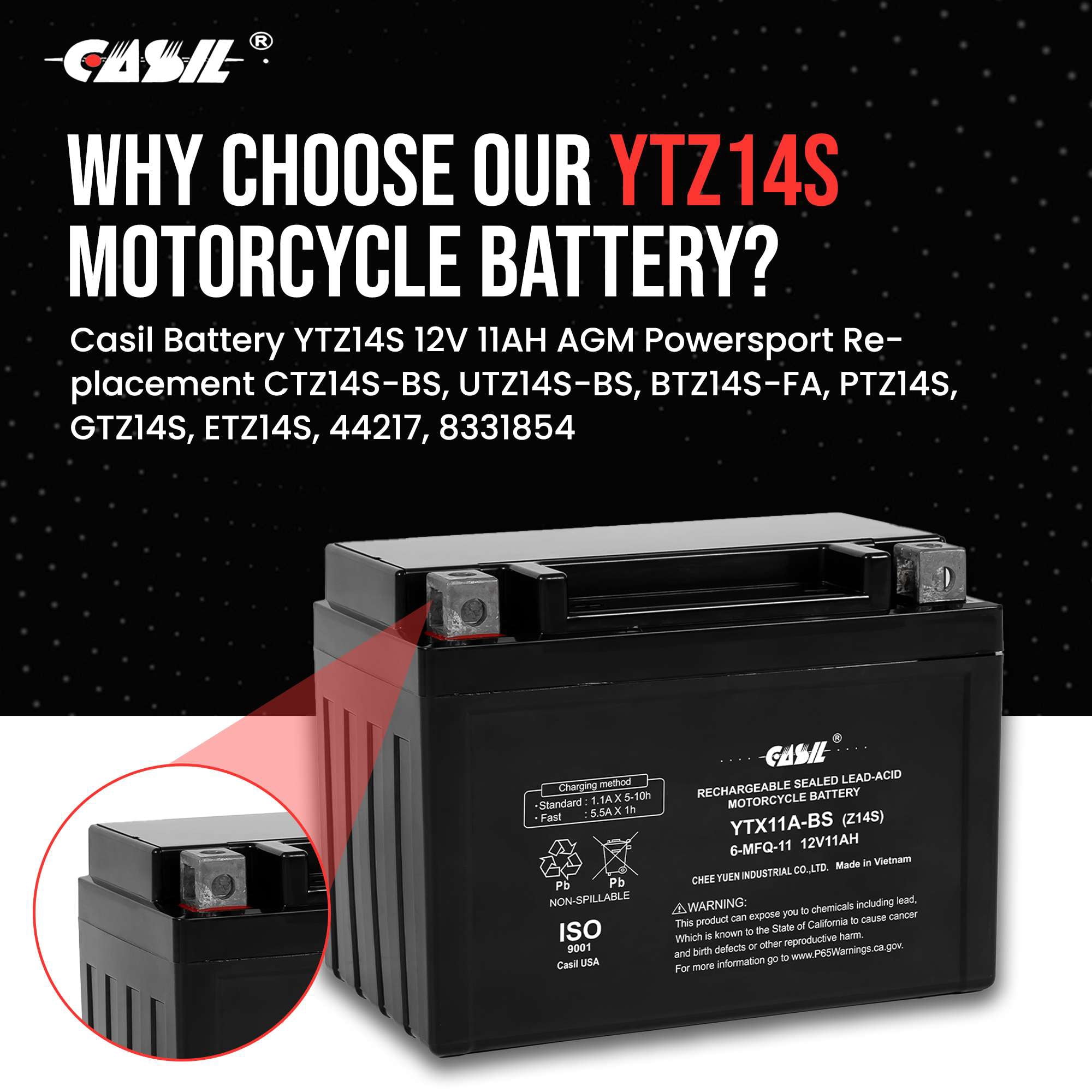 Casil YTZ14S 12V 11A AGM Powersport Battery Maintenance Free Replacement Battery for BMW Honda Suzuki and Yamaha Motorcycles