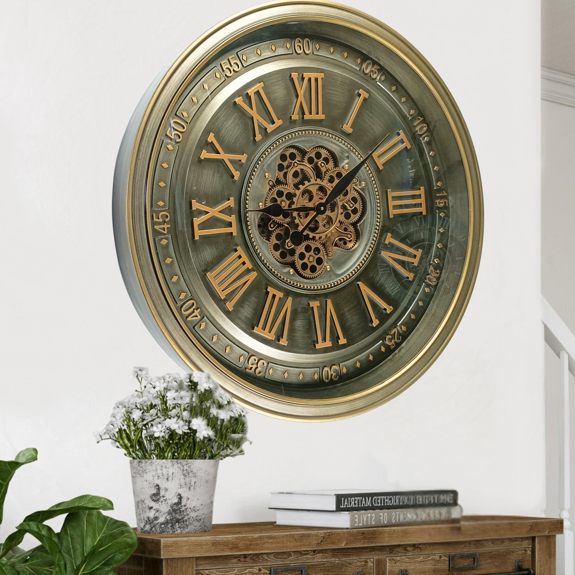 THE GEARS CLOCK Wall Clock with Real Moving Gears IR-LI_ 32 in Round BRASS-ANTIQUE