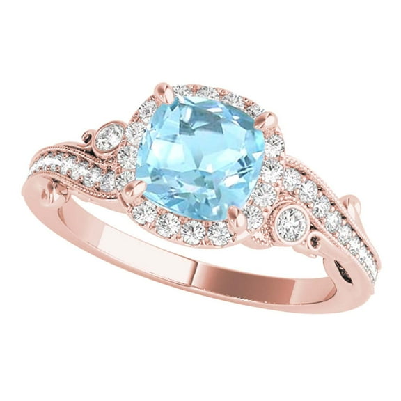 1.50 Carats Cushion Cut Aquamarine And Diamond Ring In 10K Solid Rose Gold