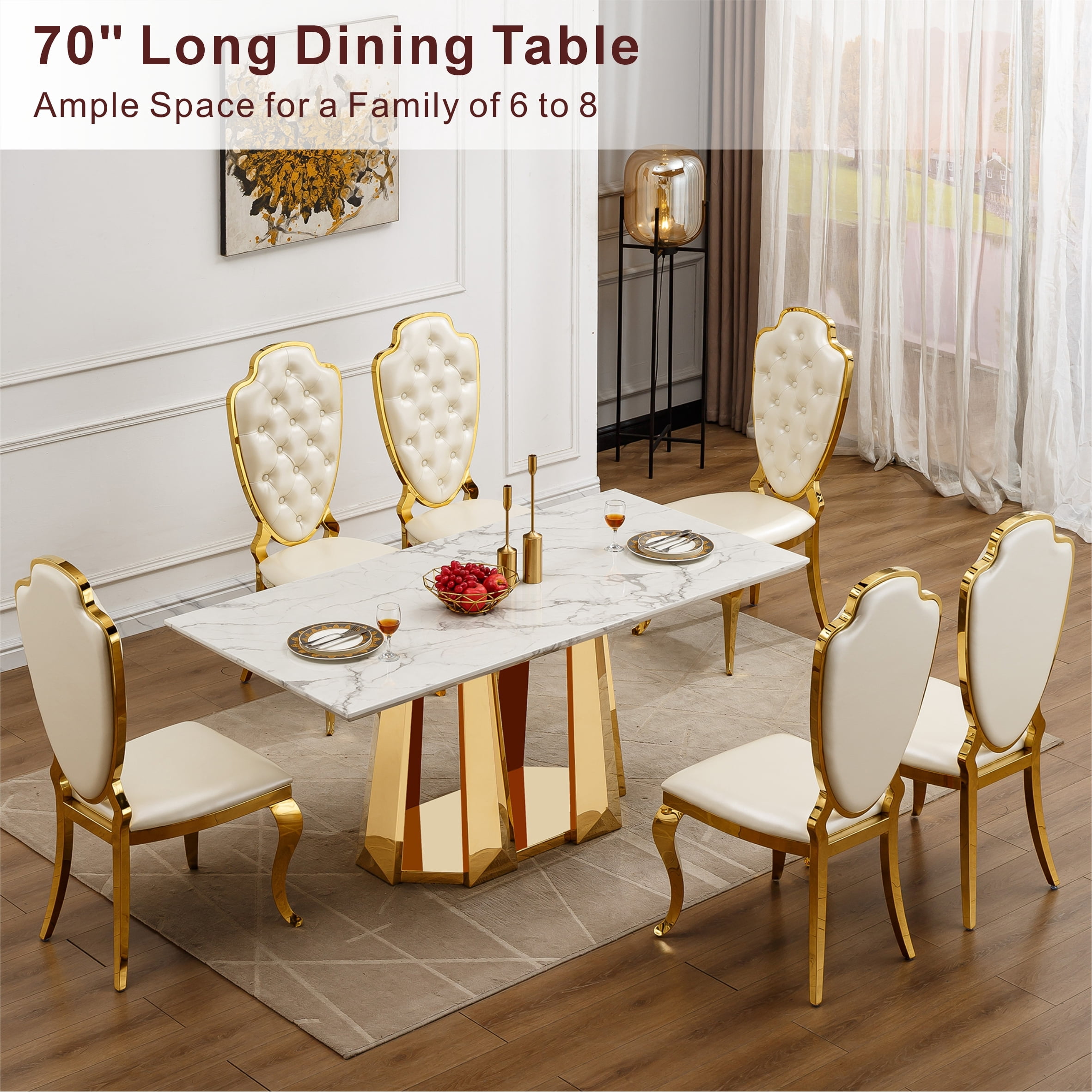 Shikeyi 70" Marble Dining Table for 6-8, Modern Luxury Gold Rectangular Large Kitchen Table, Marble Grain MDF Tabletop & Stainless Steel Base for Kitchen Dining Room, White (Table Only)