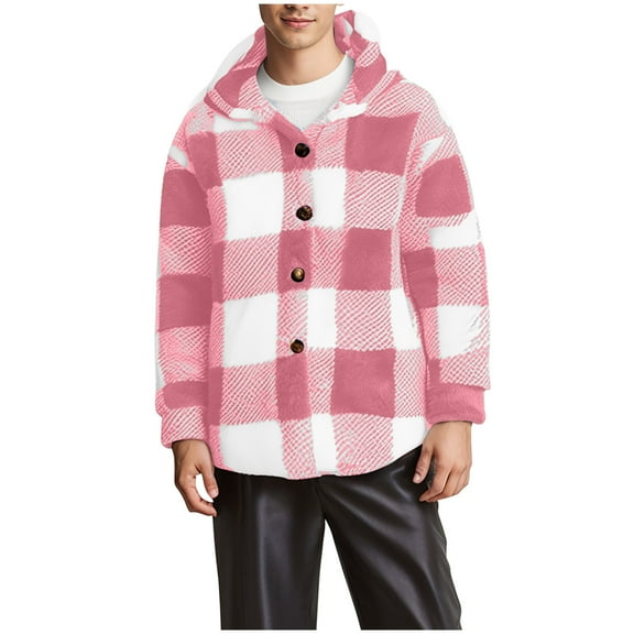 Mens Hooded Plaid Sweater Jackets Button Down Coat Long Sleeve Soft Fleece Plush Fuzzy Winter Outerwear S-5XL (XL, Pink)