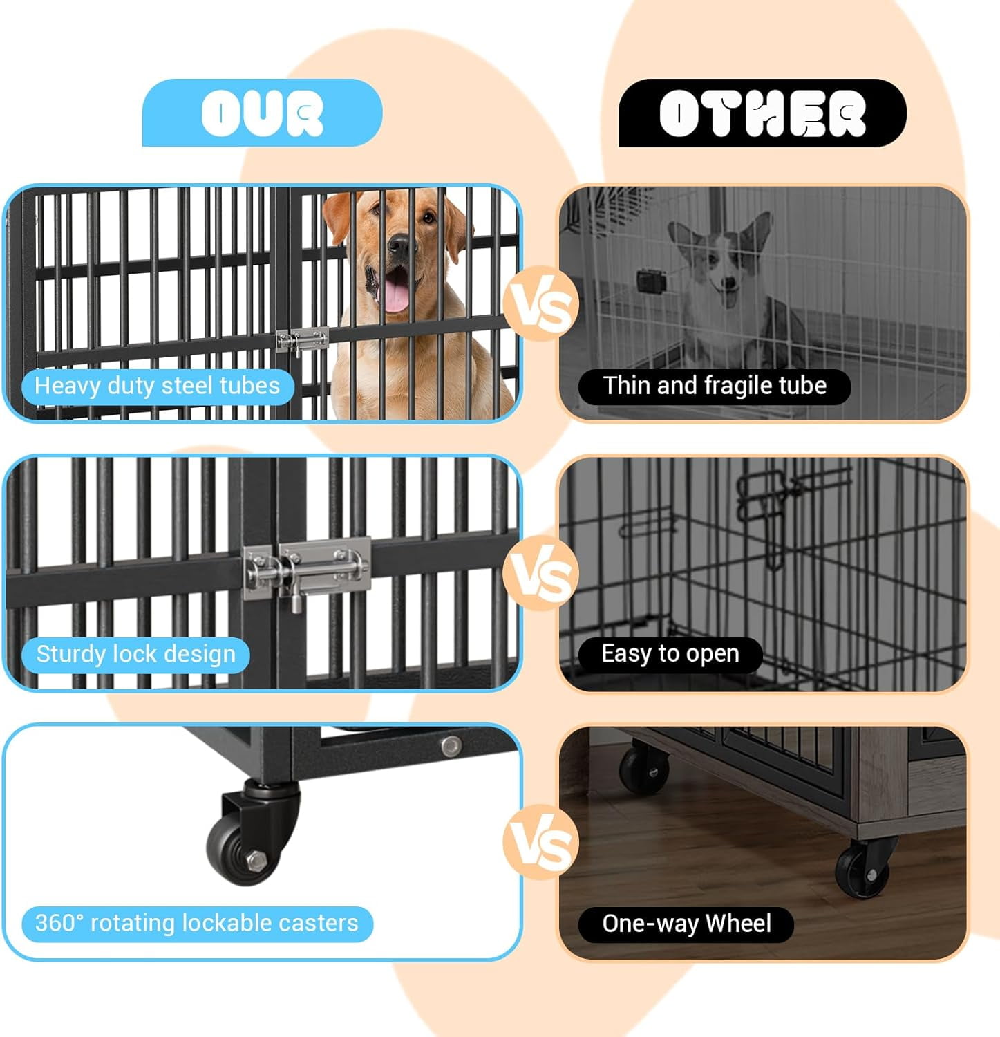 Acekid Heavy Duty Dog Crate - 52-Inch Escape-Proof Metal Kennel, Indoor/Outdoor Furniture Style Pointed Top Sliding Rail Cage for Large/Medium Dogs