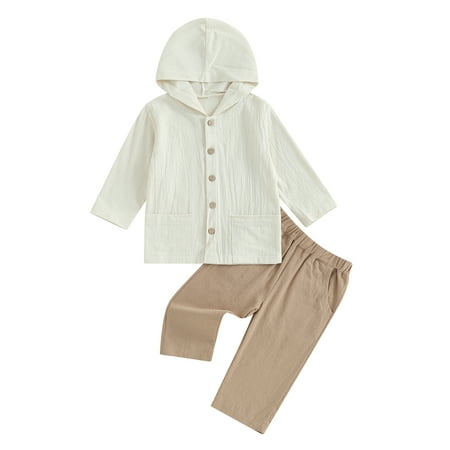 

Acuteok Boys Fall Outfits 2PCS Pants Sets Solid Color Long Sleeve Button Hooded Tops and Elastic Band Pants Sets