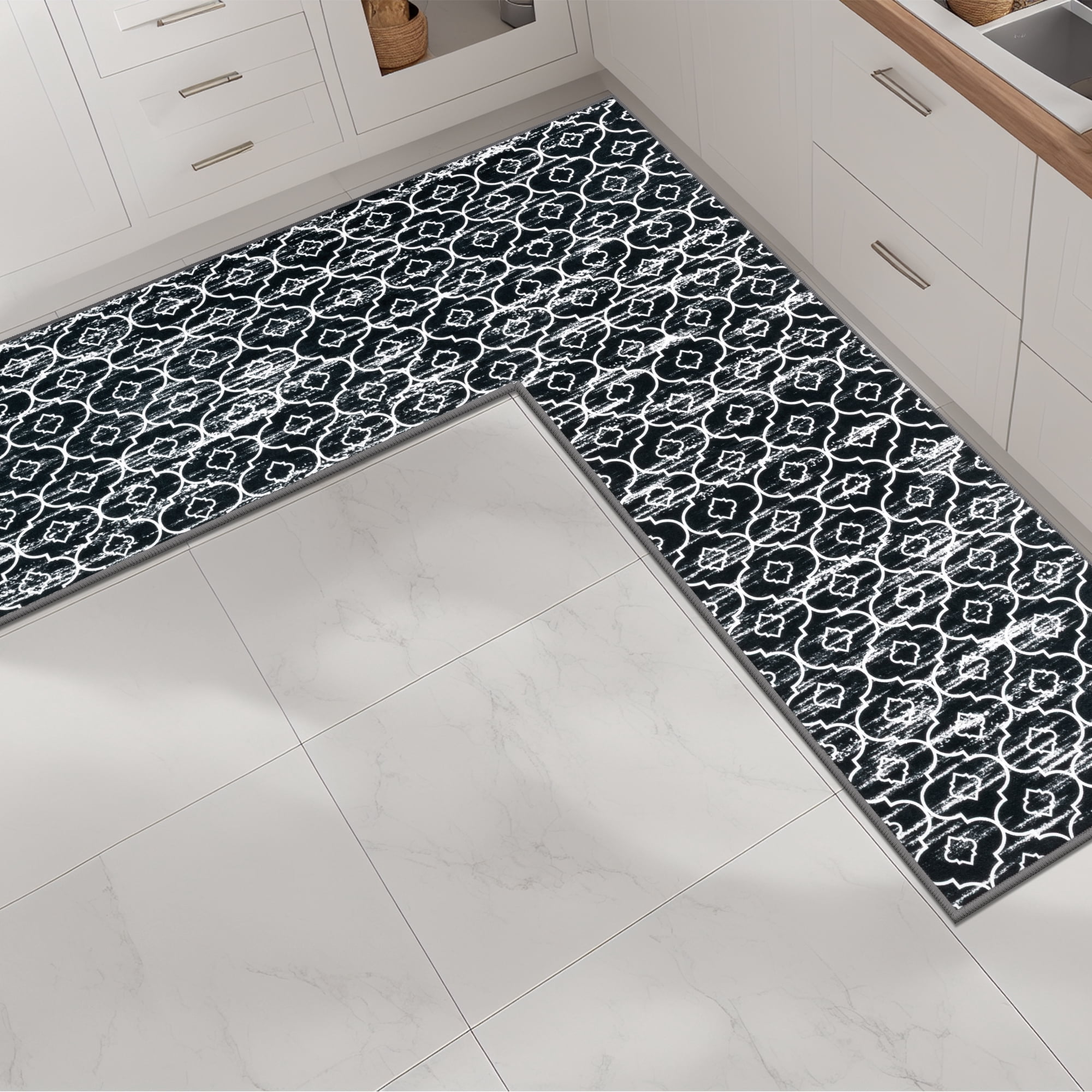 MeyJey Corner Kitchen Rug, 1 Piece Anti-Slip L Shape Kitchen Mat for Floor, Absorbent Runner in Front of Sink, Washable Floor Rugs for Home,Kitchen(Black-L,24”x 71”x 71”)
