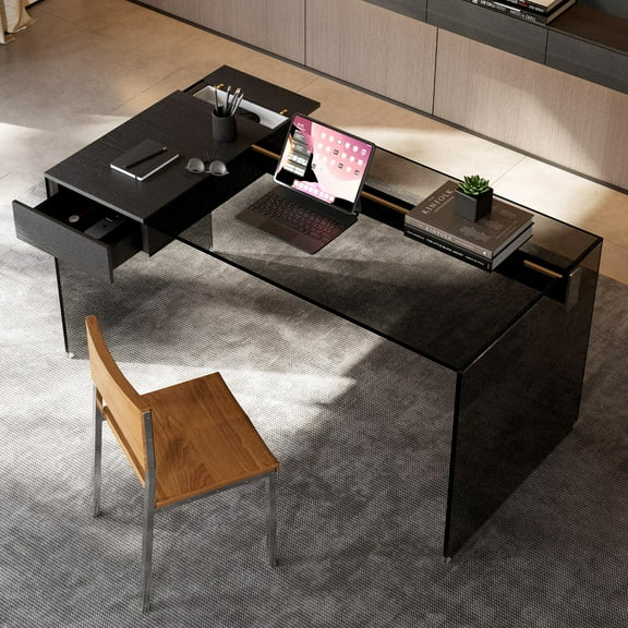 gaoyangjiaju Clear Tempered Glass Writing Desk – Minimalist Modern Computer Table with Metal Joints for Home Office or Study (Black Glass Desk)