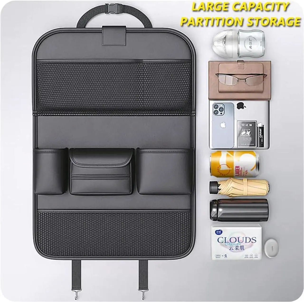 Car Backseat Storage Bag with Foldable Table Tray,Large Capacity Seat Back Organizer,Car Kick Mat with Touch Screen Phone Holder,Multifunctional Backseat Protector Cover Pad