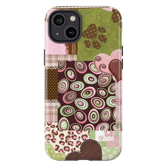 Retro Patchwork Aesthetic Phone Case, Y2K Hearts & Animal Print iPhone Cover, Cute Artistic Protective Case for iPhone 16 15 14 13 12 11 Plus Pro Max Mini